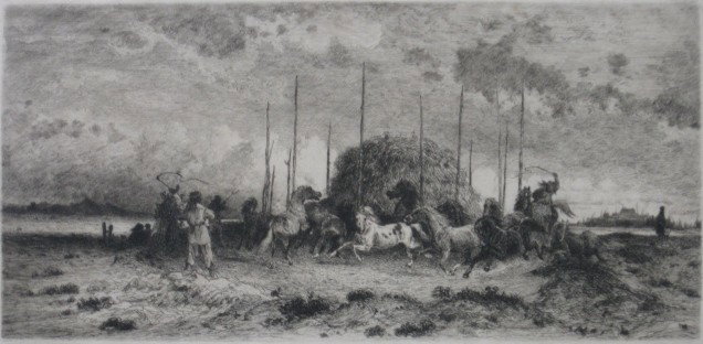 Peter Moran etching: Peter Moran- ''Harvest at San Juan, New Mexico''- etching, 1883, signed in pencil, very good condition. 6 1/8 x 12 1/4''