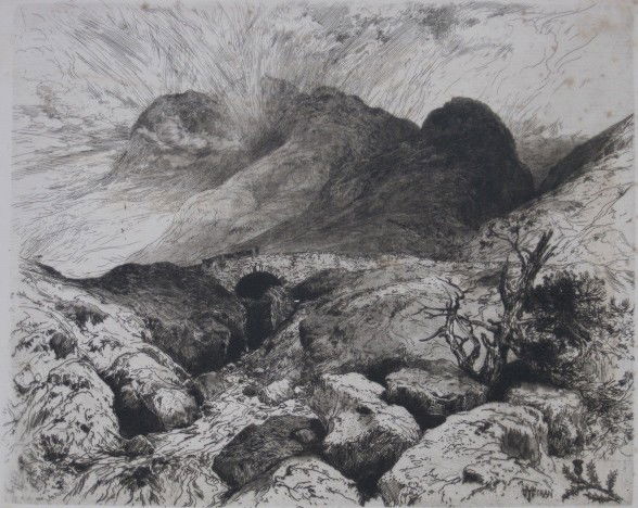 Thomas Moran etching: Thomas Moran- Pass of Glencoe- etching, 1882, foxing and staining throughout, some tears in margins. 9 1/4 x 11 1/2''