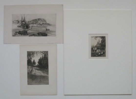S. Parrish, J. M. Falconer, J. Smille- 3 etchings: Stephen Parrish- ''Hastings''; John M. Falconer- ''T. Cole's Studio''; and James Smille- 3 etchings, good condition, various sizes.