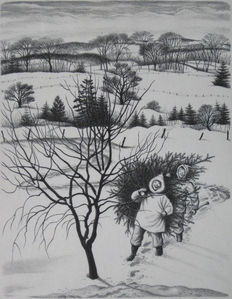 Grace Paull lithograph: Grace Paull- ''Bringing Home The Xmas Tree''- lithograph, ca. 1940, signed in pencil, very good condition. 12 7/8 x 9 11/16''