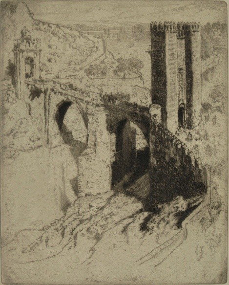 Joseph Pennell 2 etchings: Joseph Pennell- ''Bridge at Alcantara'' (Wuerth 322); ''St. Paul's Pavement'' (W. 366)- 2 etchings, 1904, 1905, both unsigned editions as published by Gesellschaft fur Vervielfaltigende Kunst in 1909 