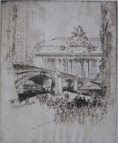 Joseph Pennell etching: Joseph Pennell- ''Approach to Grand Central Station'' (Wuerth 692)- etching, 1919, signed and titled in pen, annotated 'proof trial - drawn on and touched' , regular edition of about 75, matt burn. 12