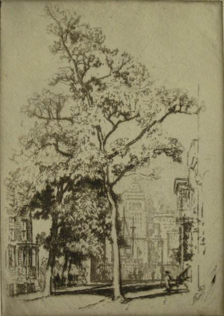Joseph Pennell etching: Joseph Pennell- ''Pineapple Street'' (Wuerth 837)- etching, 1924, signed in pencil, edition of about 75. 9 7/8 x 6 7/8''