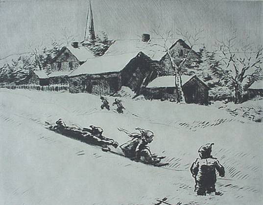 Grant Reynard etching: Grant Reynard- ''Down The Hill''- etching, 1933, signed in pencil, AAA edition of 250, very good condition. 7 3/4 x 10''