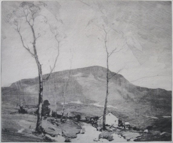 Chauncey Ryder etching and dry point: Chauncey Ryder- ''Foothills''- etching and dry point, signed in pencil, blind stamp of Chicago Society of Etchers. 9 3/4 x 11 7/8'