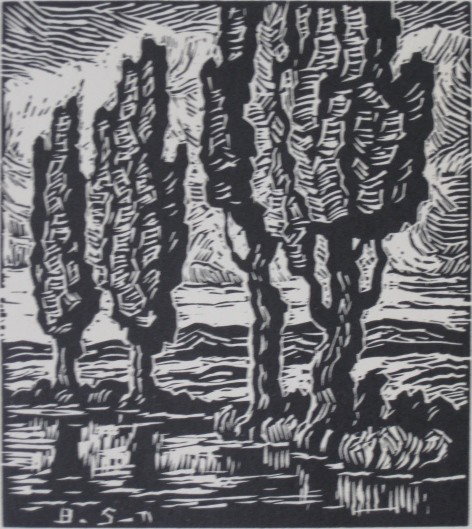 Birger Sandzen linocut: Birger Sandzen- ''Brook with Poplars'' (Greenough 68)- linocut, 1932, signed in pencil, edition of 200. 5 x 4 1/2''