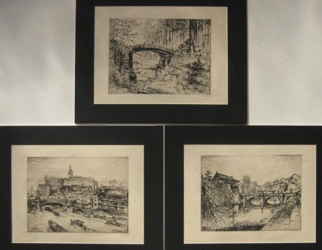 Anton Schutz 3 etchings: Anton Schutz- ''Sacred Bridge of Nikko''; ''Tokyo Nijuhaski (?) Imperial Palace''; ''Tokyo''- 3 etchings, all signed in pencil, various sizes.