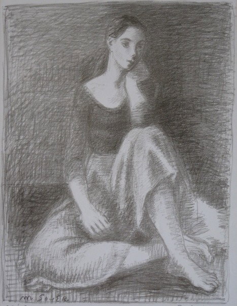 Moses Soyer lithograph: Moses Soyer- Seated Dancer- lithograph, ca. 1960, signed and numbered 38/75 in pencil, sandwiched, slightly light struck. 17 3/4 x 13 3/4''