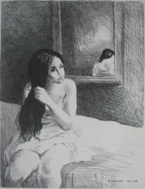 Raphael Soyer lithograph: Raphael Soyer- Girl Combing Hair- lithograph, light struck and mat burn. 10 1/2 x 8''