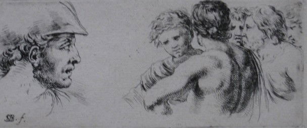 Stefano della Bella etching: Stefano della Bella- ''Une Tete de Soldat et Cinq Hommes'' (De Vesme 407)- etching, Plate 18 of ''Receuil de Divers Griffonements & Preuves d'Eau Forte''. 1 7/8 x 4 1/2''