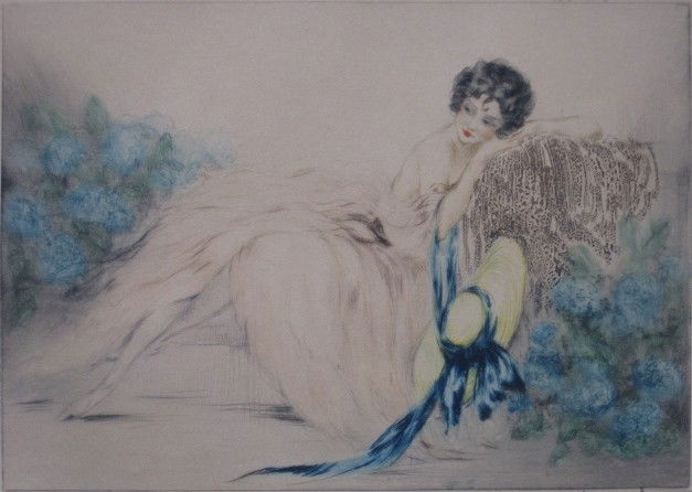 Louis Icart dry point: Louis Icart- ''Pink Dress (Robe Rose)'' (Holland, Catania & Isen 397)- dry point in colors, 1930, signed in pencil, light struck and mat burn. 5 3/4 x 8''
