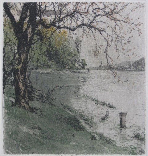 Luigi Kasimir etching: Luigi Kasimir- ''Persenbeug Castle''- etching in colors, signed in pencil 9 1/2 x 8 3/4''