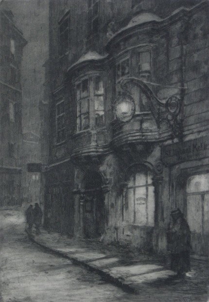 Luigi Kasimir etching: Luigi Kasimir- Street Scene with Figures- etching, signed in pencil. 13 7/8 x 9 5/8''