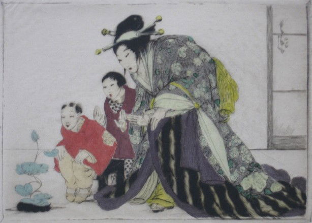 Elyse Lord dry point: Elyse Lord- Tending The Plant- dry point in colors, ca. 1925, signed and numbered 39/5 in pencil, tipped in top two corners, margins trimmed still at least 1/2''. 5 x 7''