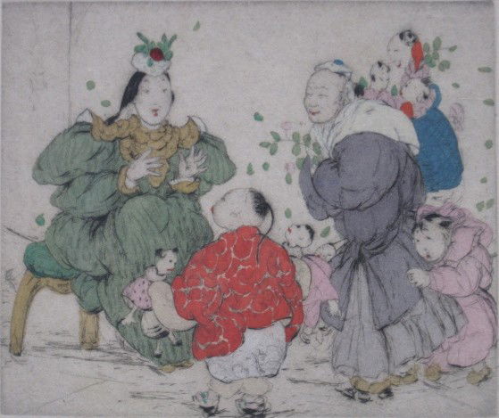 Elyse Lord dry point: Elyse Lord- The Doll Woman- dry point in colors, ca. 1925, signed and numbered 61/75 in pencil, sandwiched. 5 3/4 x 6 7/8''