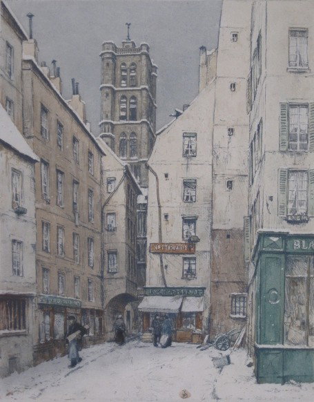 Tavik F. Simon soft ground and aquatint: Tavik F. Simon- ''Church of St. Gervais in Winter, Paris'' (Novak 454)- soft ground and aquatint in colors, 1926, signed and numbered 26 in pencil, edition of 300. 15 5/8 x 12 3/8''