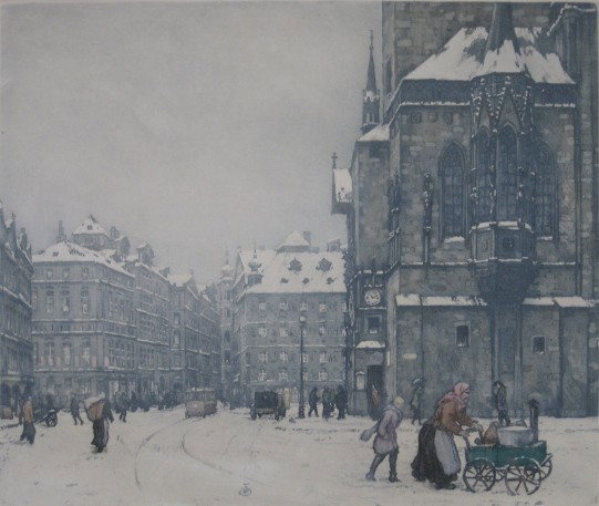 Tavik F. Simon soft ground: Tavik F. Simon- ''Old Town Square in Winter'' (Novak 392)- soft ground, signed and numbered 150 in pencil, light struck and mat burn. 13 1/2 x 16 1/4''