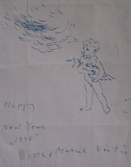 Marcel Vertes pen and ink: Marcel Vertes- New Year Day Greeting- pen and ink on paper, 1945, inscribed ''Happy New Year 1945 Dora and Marcel Vertes', folds in paper, tear in lower left corner. 9 1/2 x 7 1/2''