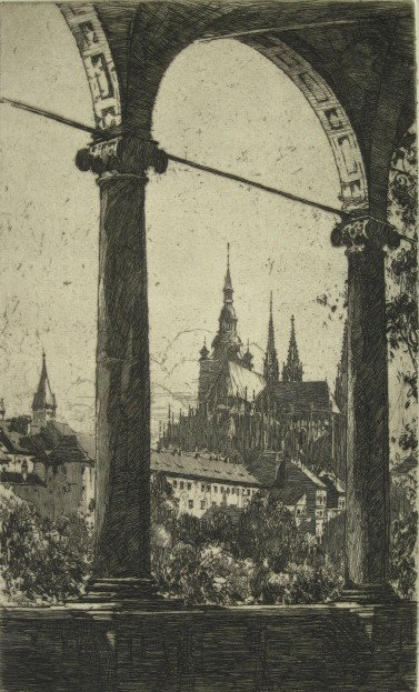 Jan C. Vondrous etching and dry point: Jan C. Vondrous- ''St. Vitus from Belvedere, Prague''- etching and dry point, 1914, signed and dated in pencil, very good condition. 12 7/8 x 7 11/16''