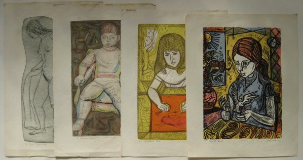 Irving Amen 3 etchings and 1 woodcut: Irving Amen- ''Magic Carpet''; ''Creative Act''; ''White Bird''; ''Nude Disrobing''- 3 etchings and 1 woodcut, all signed and titled in pencil, minor soiling and staining in margins, otherwise very go