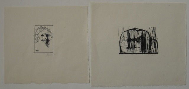 Leonard Baskin 2 wood engravings: Leonard Baskin- ''Jacques Callot'' & Untitled- (Fern & O'Sullivan 724)- 2 wood engravings, 1958, signed in pencil, very good condition. 3 3/4 x 2 1/2''