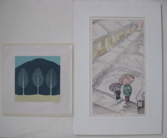 Sarah Brayer etching and Sabra Field woodcut: Sarah Brayer- ''Silent Steps''- etching in colors, 1994, signed, titled, dated and numbered 45/120 in pencil, very good condition; together with Sabra Field- ''Spring Dresses''- woodcut, signed, title