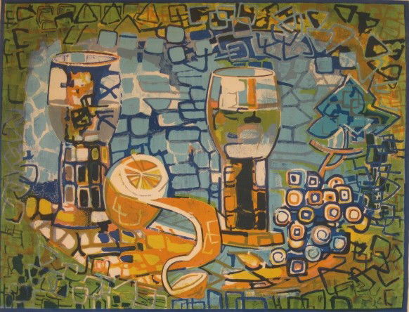 Francoise Gilot lithograph: Francoise Gilot- ''Two Cocktail Glasses''- lithograph in colors, signed and numbered 39/50 in pencil, slightly light struck. 19 x 25''