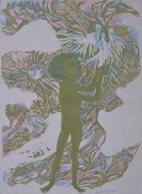 Jacob Landau woodcut: Jacob Landau- ''Child with Birds'' (Flint 64A)- woodcut in colors, signed in pencil, sandwiched. 13 3/4 x 10''