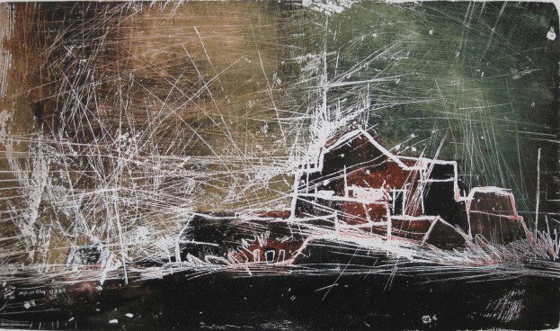 Fred Nowak monotype: Fred Nowak- ''Dorf in Storm'' (Nowak 885)- monotype in colors, 1966, signed in pencil, very good condition. 9 1/2 x 16''