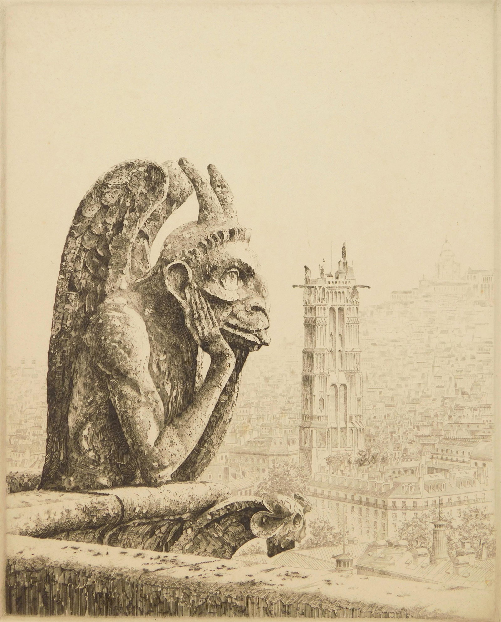 John Taylor Arms etching: John Taylor Arms (1887-1953) ''Le Penseur de Notre Dame'' (Fletcher 136)- etching, 1923, signed and dated in pencil, edition of 185. 12 5/8 x 10 1/8''