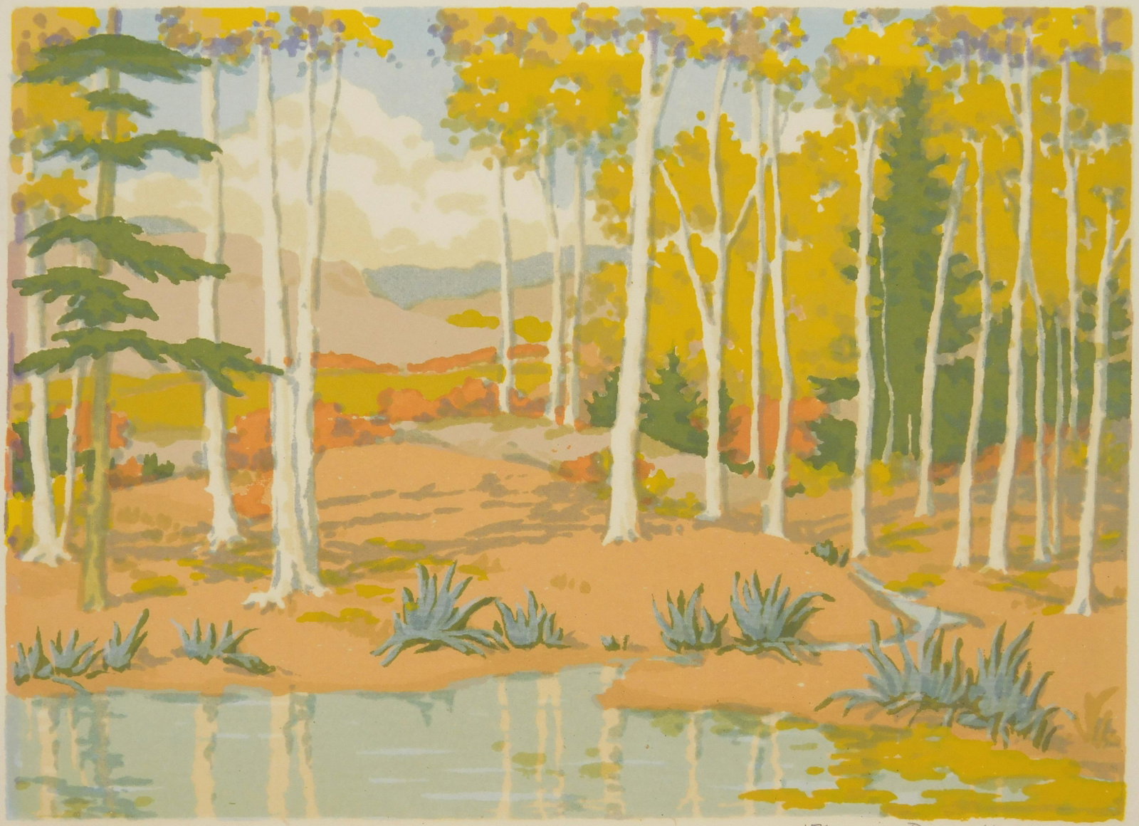 Norma Bassett Hall silkscreen: Norma Bassett Hall (1889-1957) ''Mountain Pool'' (Patterson 94)- silkscreen in colors, 1949-50, signed and titled in pencil, residue in margins from old hinges. 5 3/4 x 8''
