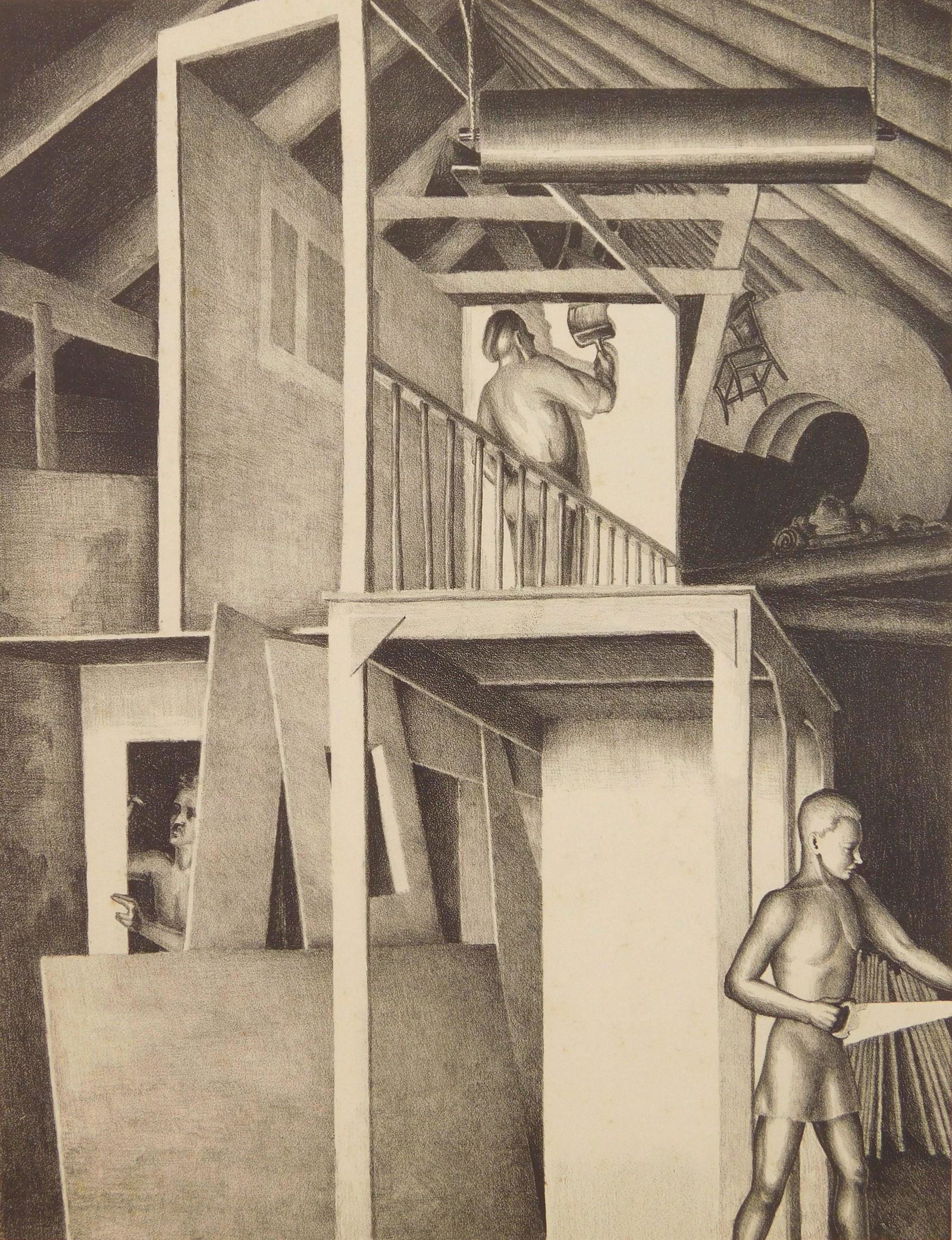 Kyra Markham lithograph: Kyra Markham (1891-1967) ''Building Twelfth Night''- lithograph, 1934, signed, dated, titled and numbered 6/20 in pencil, some foxing throughout. 12 3/4 x 10''