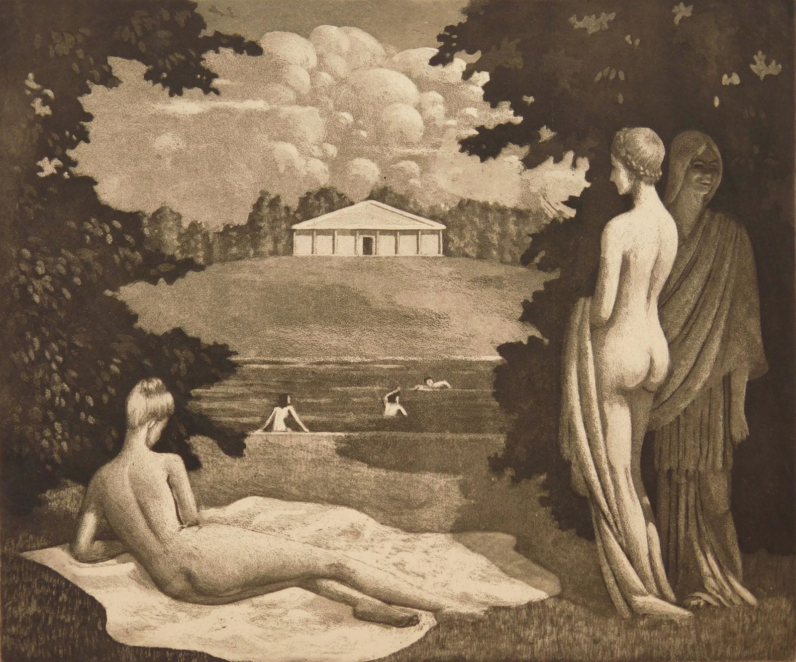 Kyra Markham aquatint: Kyra Markham (1891-1967) ''Summer Idyll''- aquatint, 1941, signed and dated in pencil. 10 x 12''