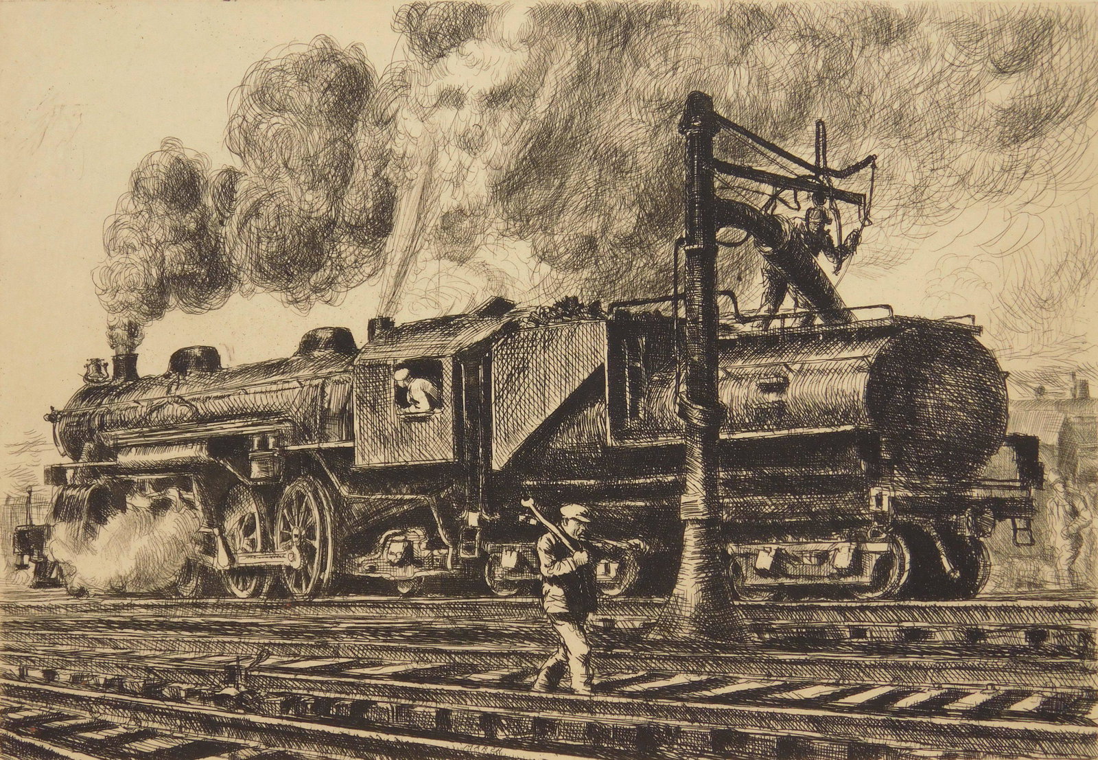 Reginald Marsh etching: Reginald Marsh (1898-1954) ''Loco- Erie Watering'' (Sasowsky 85)- etching, 1929, signed in pencil, very good condition. 7 x 10''