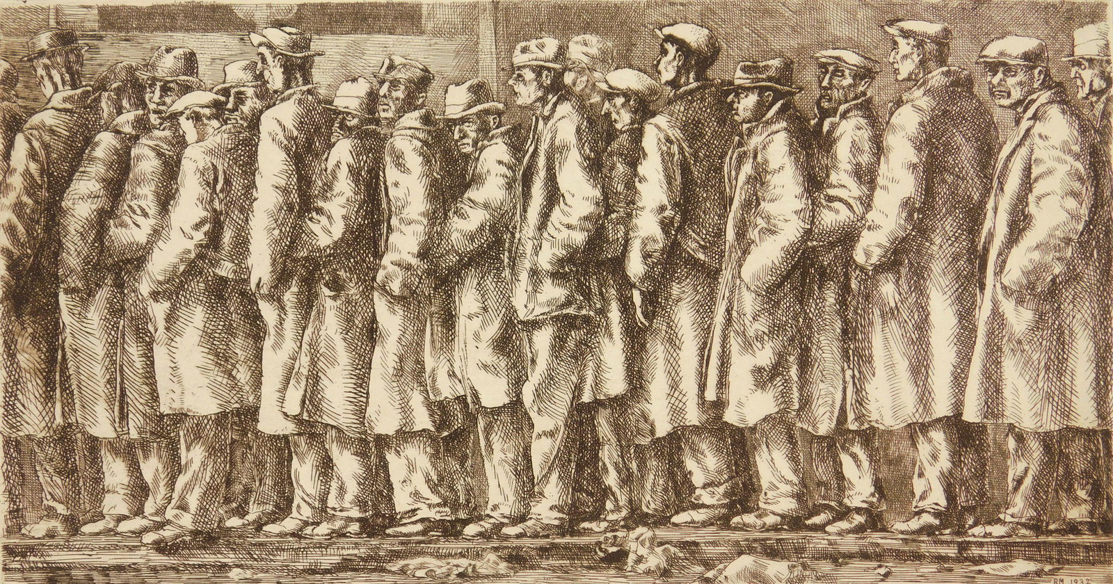 Reginald Marsh etching: Reginald Marsh (1898-1954) ''Breadline- No One has Starved'' (Sasowsky 139)- etching, 1932, Whitney Museum edition of 100 published in 1969, very good condition. 6 1/2 x 12''