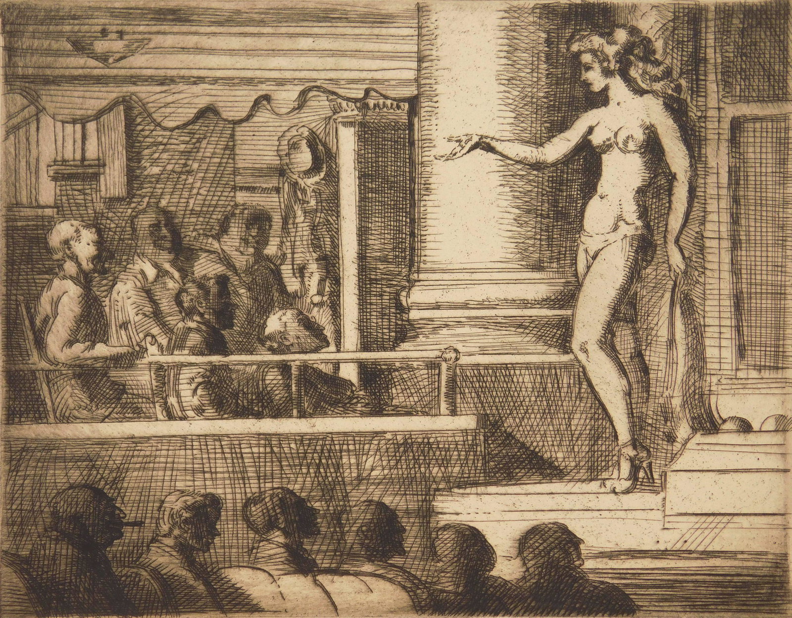 Reginald Marsh etching: Reginald Marsh (1898-1954) ''Striptease in New Jersey'' (Sasowsky 236)- etching, 1951, signed in pencil, AAA edition of 250. 8 x 10''