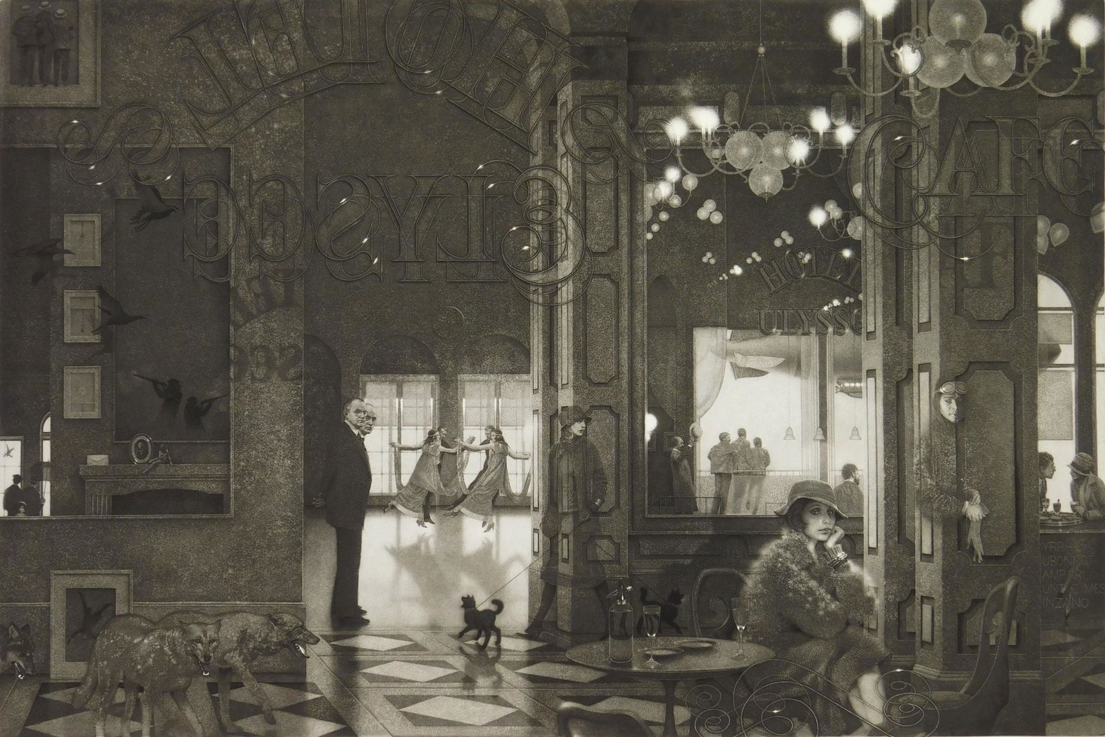 Peter Milton etching: Peter Milton (American 1930- ) ''Interiors IV: Hotel Paradise Cafe'' (Milton 110)- etching, 1987, signed, titled, dated and numbered 16/175 in pencil, very good condition. 23 3/4 x 35 1/2''