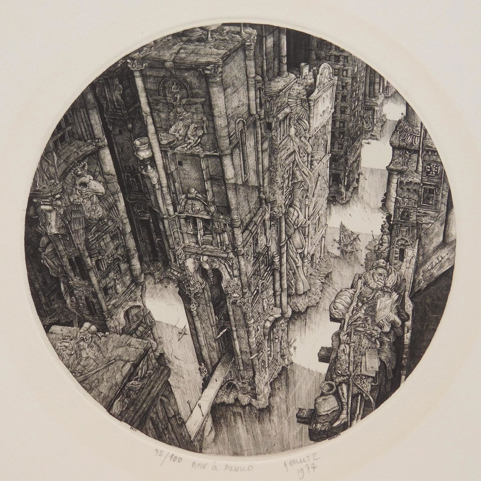 Philippe Mohlitz etching: Philippe Mohlitz (French 1941- ) ''La Mort a Mexico''- etching, 1977, signed, dated, titled and numbered 7/100 in pencil, very good condition. 7'' dia.