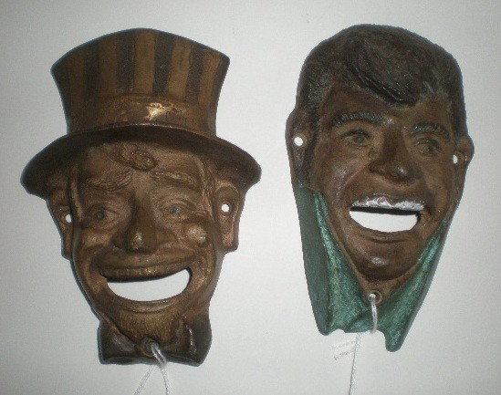 2 Brass figural wall mounted bottle openers: 2 Brass figural wall mounted bottle openers- Uncle Sam and Elvis Presley- some wear, otherwise good condition. 6 1/4'' and 5 3/4''