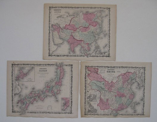 3 Asian maps: Johnson, Alvin- 3 hand-colored maps, 1862- ''Japan- Nippon, Kiusiu, Sikok, Yesso and the Japanese Kuriles''; ''Asia''; and ''China''- paper has some age toning, minor tears around edges. 14 x 18''
