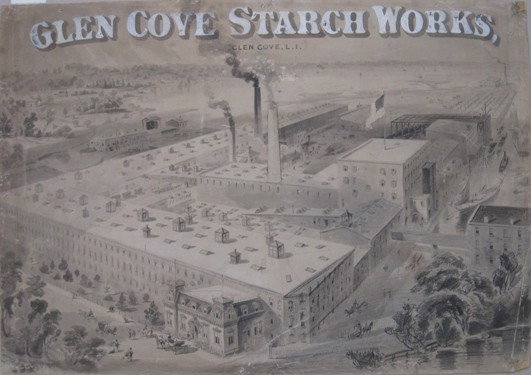 Glen Cove Starch works drawing: 19th c. American School- ''Glen Cove Starch Works, Glen Cove L.I.''- graphite with white highlights on paper, some scratches in image, minor tears around edges. 20 x 27 1/2''