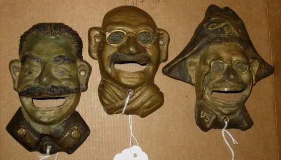 3 Brass figural wall mounted bottle openers: 3 Brass figural wall mounted bottle openers- Teddy Roosevelt; Joseph Stalin and Mahatma Gandhi- some wear, otherwise good condition. 5 3/4''; 5 1/2'' and 5''