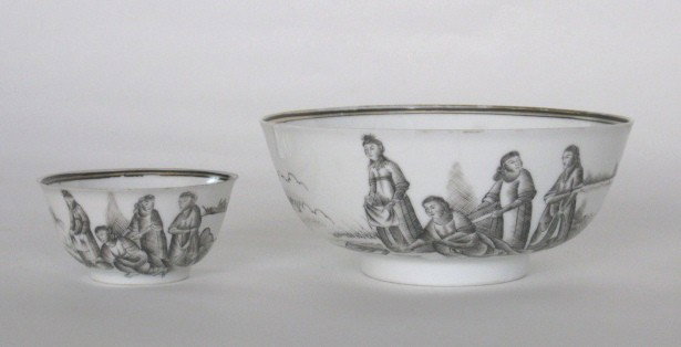 18th c. Chinese lowestoft bowl: 18th c. Chinese lowestoft bowl and tea cup, decorated with scenes of 'Finding of Moses in the bulrushes', ca. 1740. Bowl- 2 1/4''h 5 1/2'' dia. Cup- 1 1/2''h 3'' dia.