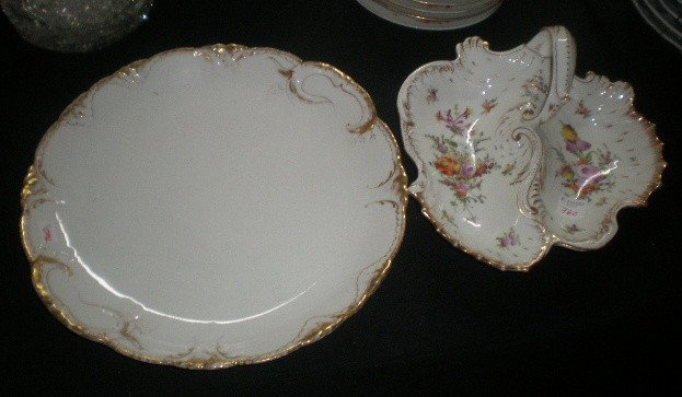 Limoges porcelain serving plate & Dresden dish: Limoges porcelain serving plate, with hand-painted gilt decoration, marked on bottom 'Theodore Haviland Limoges France', some wear; together with a Dresden hand-painted relish dish in leaf form; vario