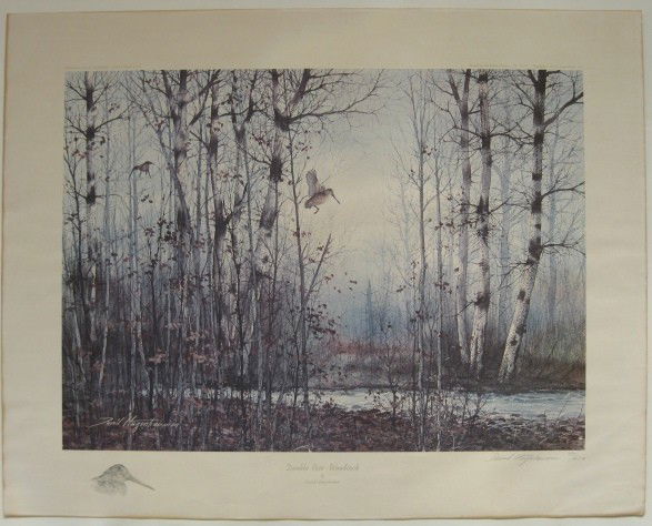 David Hagerbaumer chromolithograph: David Hagerbaumer- ''Double Rise Woodcock''- off-set lithograph in colors, 1971, signed and numbered 27/450 in pencil, colors faded. 17 x 23 1/2''