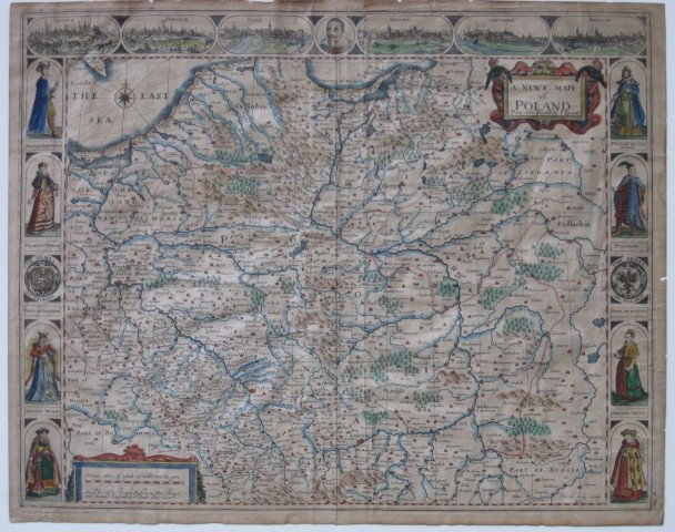 John Speede - Map of Poland: John Speede- A Newe Mape of Poland 'Done Into English by J. Speede, bordered with views, arms and regional costumes, engraved map by Dirck Grijp, hand-colored, English text verso, fold reinforced vers