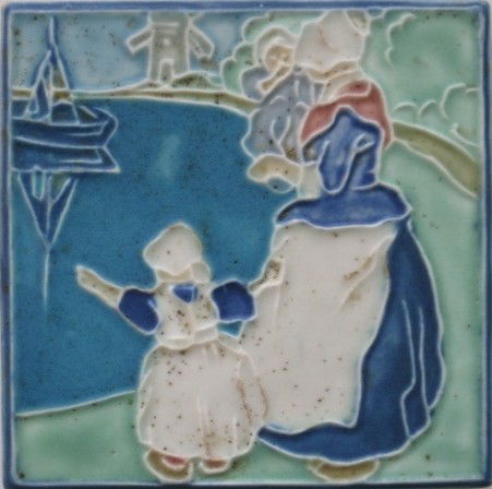 Rookwood pottery trivet: Rookwood pottery trivet, with Dutch motif, 1925, glaze pitted. 6 x 6''