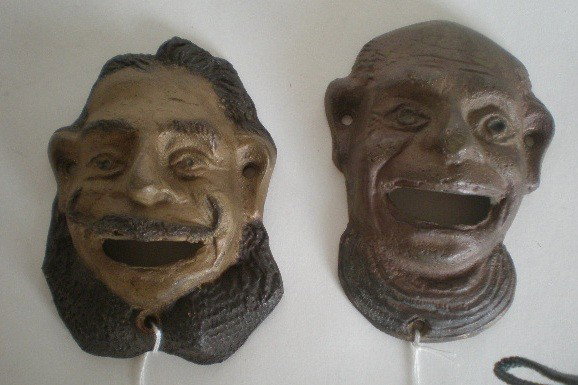 2 Brass figural wall mounted bottle openers: 2 Brass figural wall mounted bottle openers- Pablo Picasso and Salvador Dali- some wear, otherwise good condition. 4 3/4'' and 5 1/4''