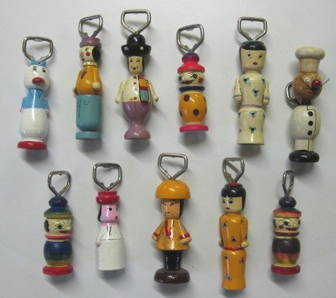 11 Hand-painted and carved figural bottle openers: 11 Hand-painted and carved figural bottle openers- various wear, various sizes.