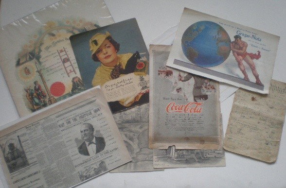 vintage empherma: Ephemera lot consisting of graphite drawings, Lucy Strike and Coca cola ads, marriage and Lodge membership certificates, various sizes and conditions